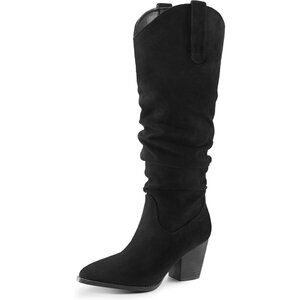Women's Black mysoft Cowboy Knee-High Boots Pointed Toe Mid Heel Pull On Slouchy